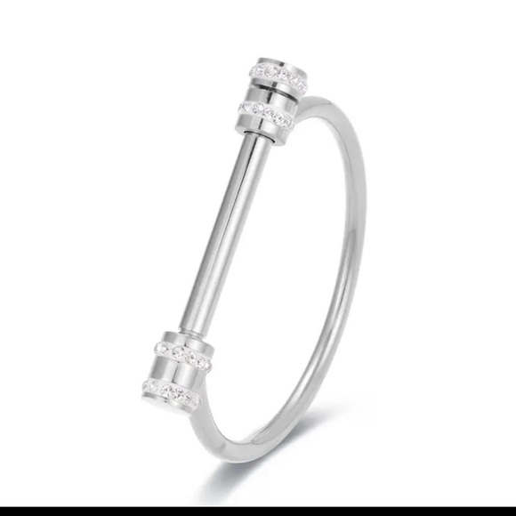 18K White Gold (Rhodium) Unisex Shackle With Diamond Accent Cuff Bangle Bracelet - Picture 3 of 6